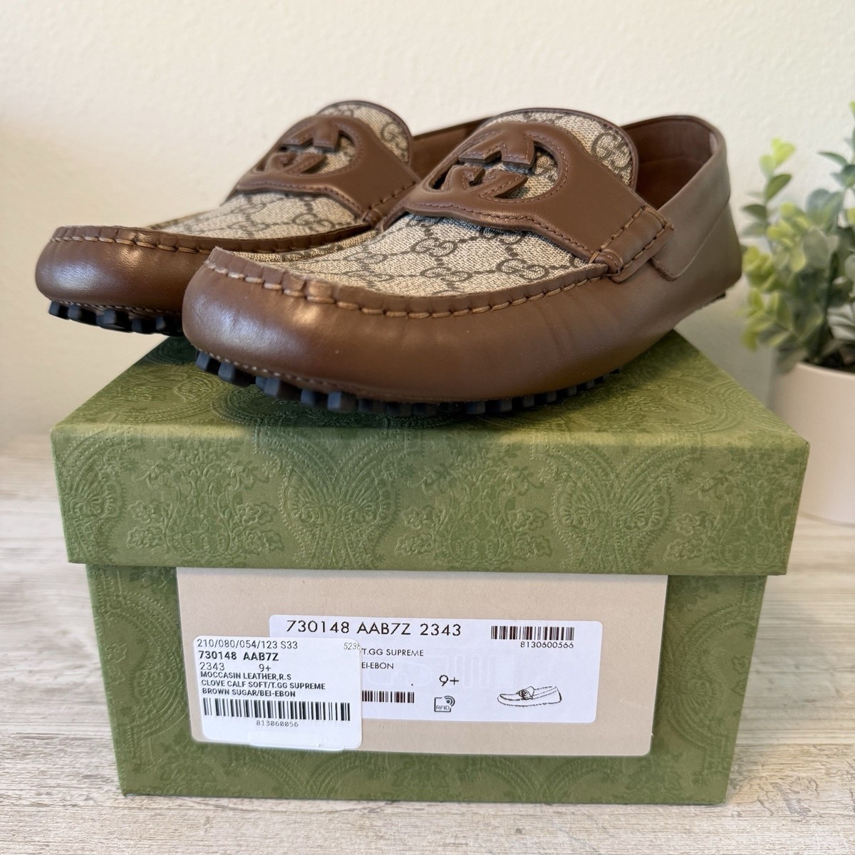 New Gucci GG Supreme mens leather moccasin driver loafers 