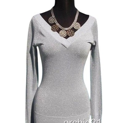 Cache Luxe Silver Metallic Knit Double Plunging V Neck Top New Stretch $98 NWT