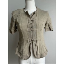 Vintage Short Sleeve Tailored Fit Jacket Women 6P Frog Buttons Linen Blend Beige
