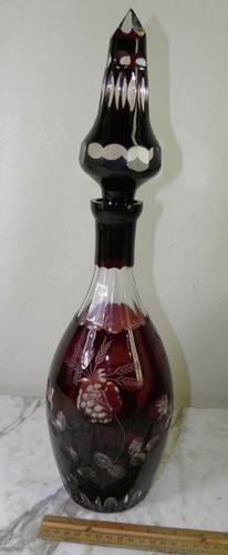 Antique Bohemian Decanter Hand Blown & Etched Cranberry Ruby Red Cased Glass