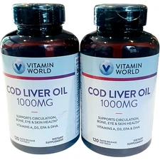 Vitamin World - Cod Liver Oil 1000MG 120 Softgels - EX 05/26 - LOT of 2