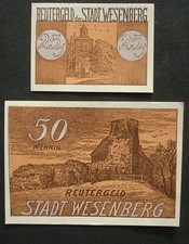 Notgeldscheine REUTERGELD ca.1921: STADT WESENBERG, 25 u. 50 Pfg.
