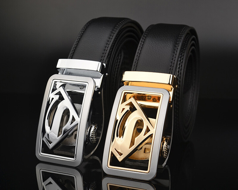 Luxury Men's Superman Automatic Buckle Belt Black Leather Ratchet Strap  Jeans