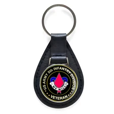 US Army 5th Infantry Division Veteran Black Leather Keychain Silver Keyring