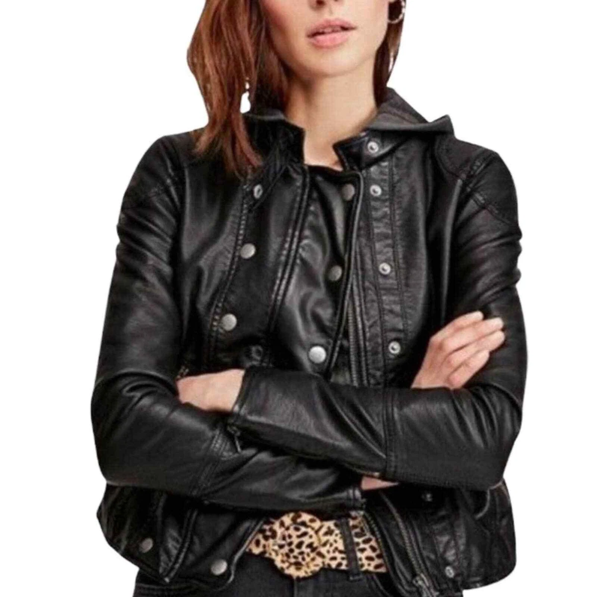 Free People New Dawn Vegan Leather Black Hooded Jacket Size XS