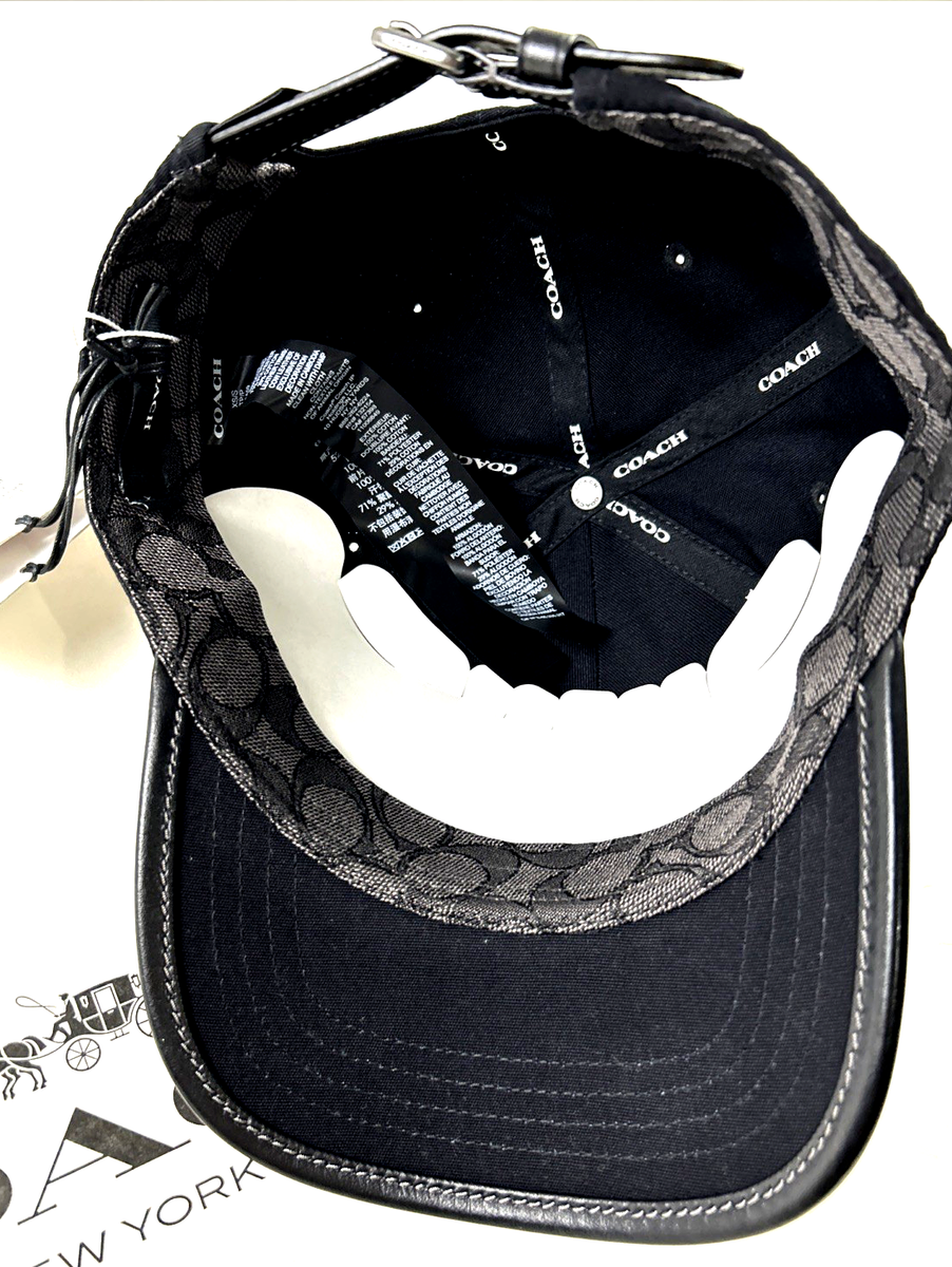 COACH Size M/L Unisex Baseball Hat Black Leather Trim SIG C Logo VARSITY NEW