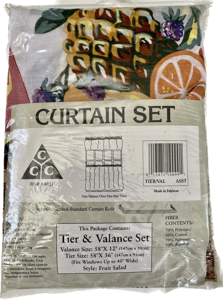 VINTAGE 70s VALANCE & TIER SET 58”x36” STYLE FRUIT SALAD NEW SEALED New Curtains - Image 2 of 4
