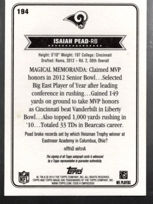 A6321- 2012 Topps Magic Autographs #194 Isaiah Pead Auto - NM-MT - Image 2 of 2