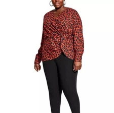 City Chic Womens M 18 Red Leopard Print V Neck Blouse Top NWT DH79