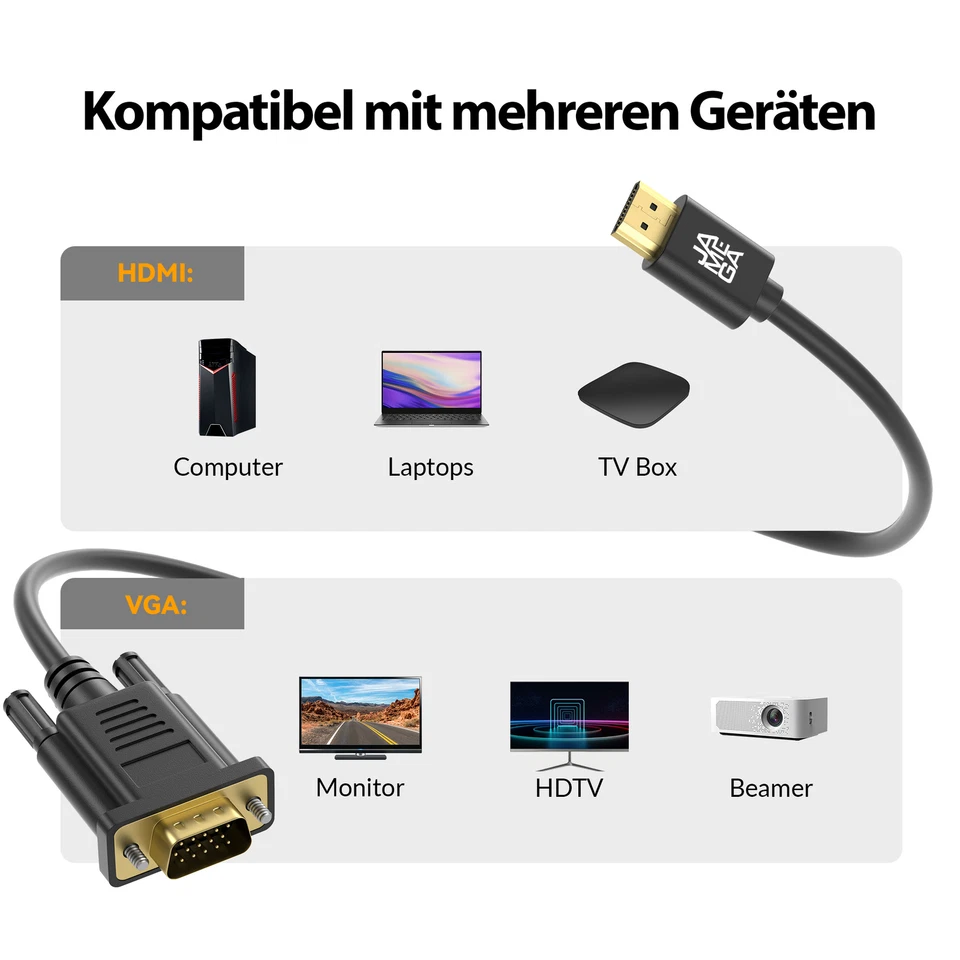 1,5m HDMI zu VGA Adapter-Kabel D-Sub 15 Pin 1080P Beamer Computer Monitor Laptop - Bild 2 von 4