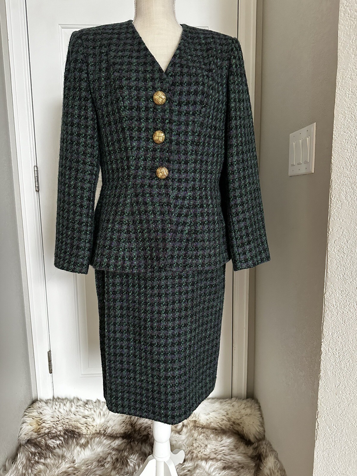 Gonna a quadri verde lana midi di Yves Saint Laurent Encore made France taglia 12