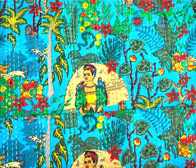 Indian Handmade Farida Kahlo Kantha Quilt Reversible Bedspread Double Cotton