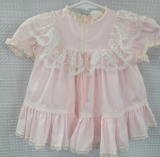 Vintage Bryan Short Sleeve Pink Dress with Ruffles and Lace Size 12 Months