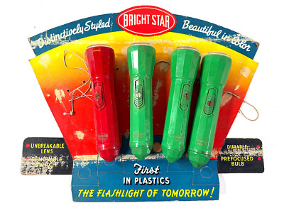 vtg 50s BRIGHT STAR Flashlight advertising Store Display Sign atomic age plastic