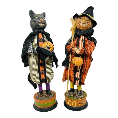 Halloween Grinning Cat & Pumpkin Scarecrow Folk Art 16 1/2" Figures Vintage - Photo 1/12