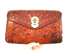 Vintage 70's Distressed Tooled Leather Clutch Purse