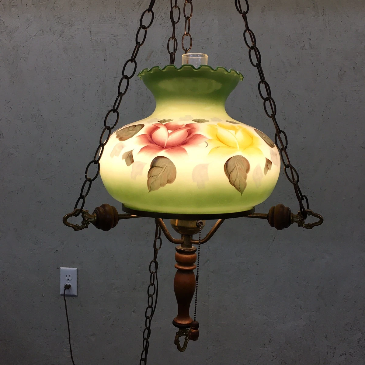 Vintage Swag Hanging Victorian Style Lamp Green Floral Hand Painted Chandelier