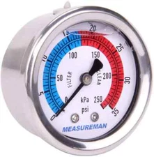 Measureman 2" Dial Size, Liquid Filled Pool Filter Pressure Gauge, 304 Stainless