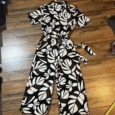 Women's XS Neutral Botanical Print Tie Front Jumpsuit Tabitha Brown Brown/Black