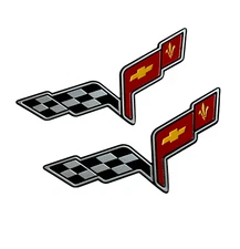 2 Fender Console Badge Engine Cover Aluminum Emblems Corvette C6 Crossed Flag Sm