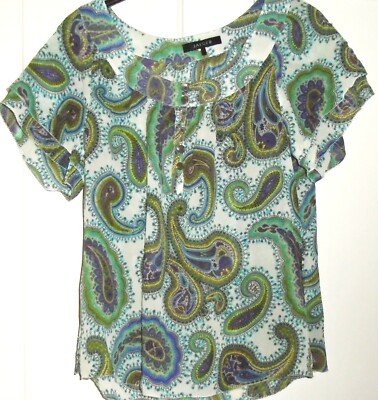 Jaeger Paisley Blouse green purple floral cap sleeve top 100% silk Size 8 vgc