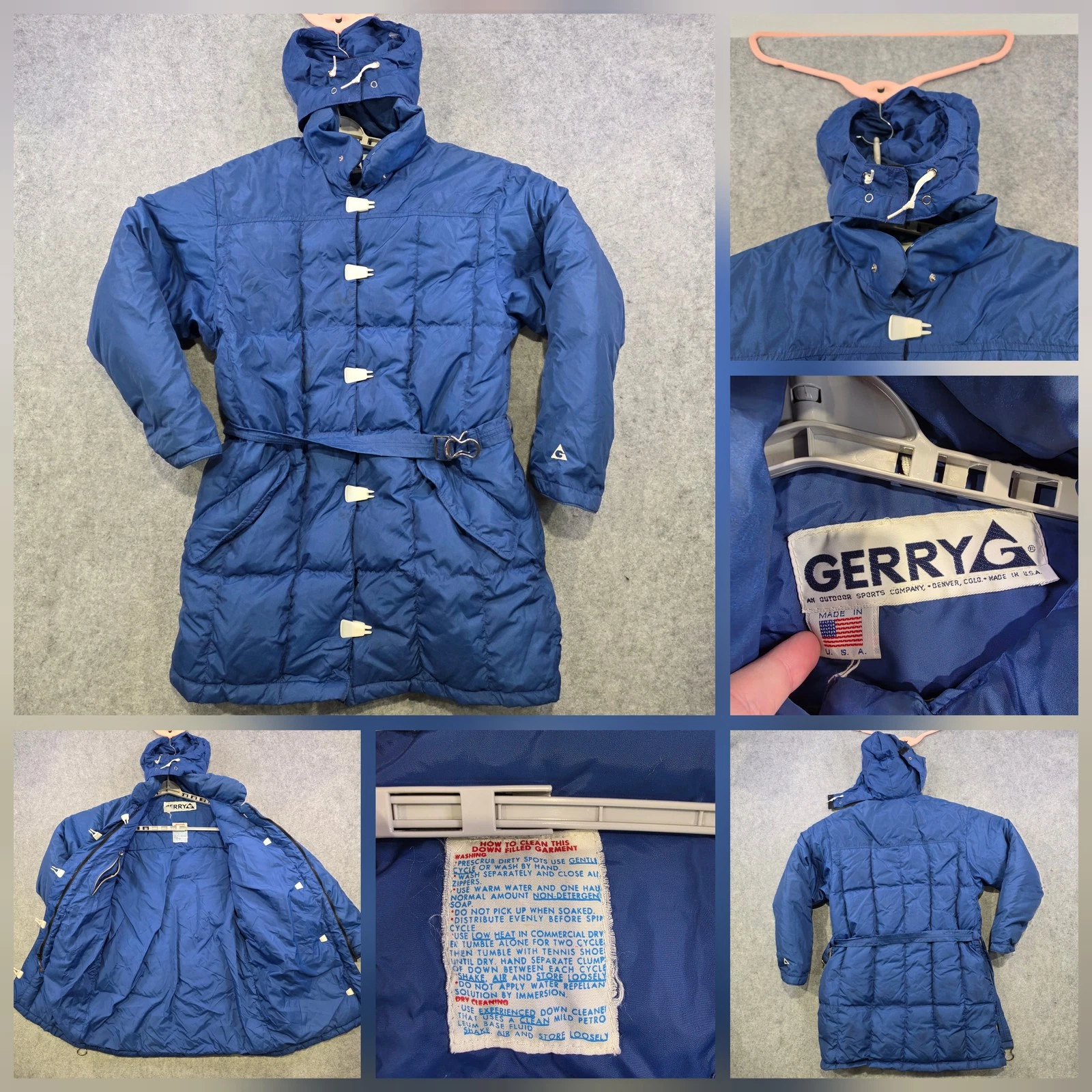 Vintage Gerry Coat Adult OS Blue Down Parka Belted Hooded Nylon Ski USA Puffer
