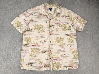 George Shirt Adult Extra Large Ivory Palm Hut Sunset Cotton Blend Hawaiian