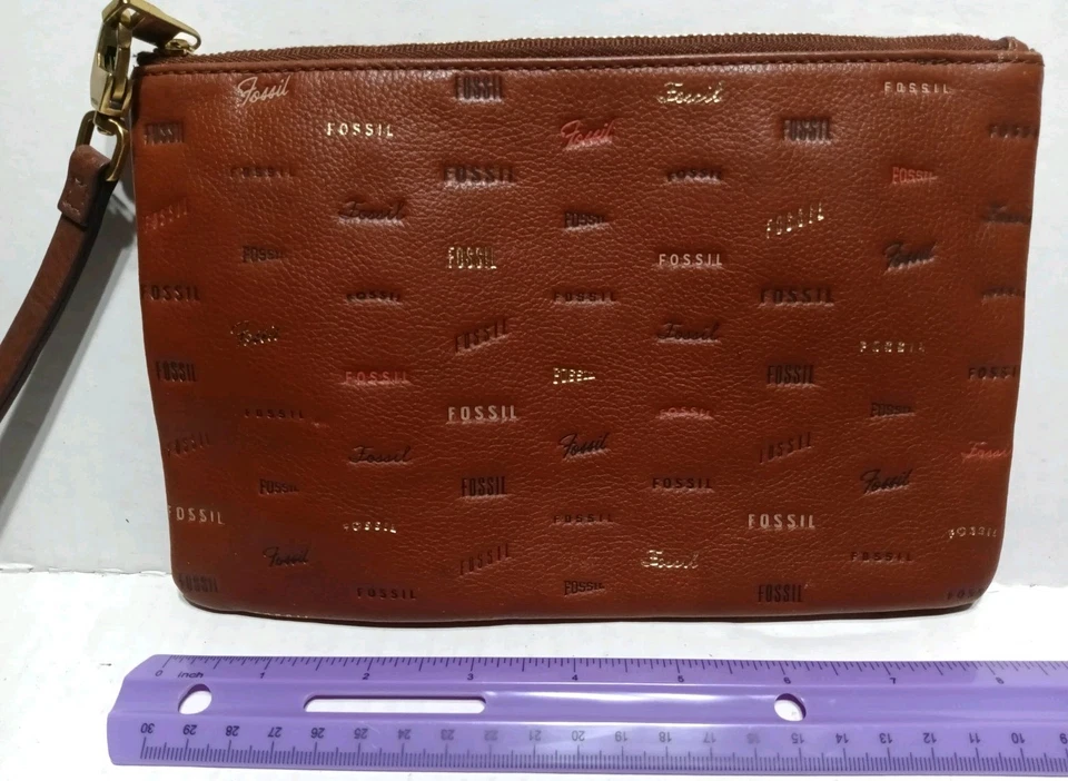 Cartera pequeña cartera billetera de cuero de vaca marrón con cremallera superior marrón Fossil Signature Foto 2 de 4