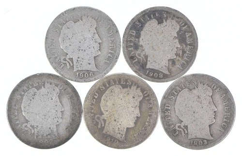 Better Lot 5 1906-S 1908-S 1892 1910-D 1903-O Barber Dime 0.50 Face *211