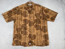 Quiksilver Edition Shirt Men Large Beige Brown Floral Leaf AOP Button Up Rayon