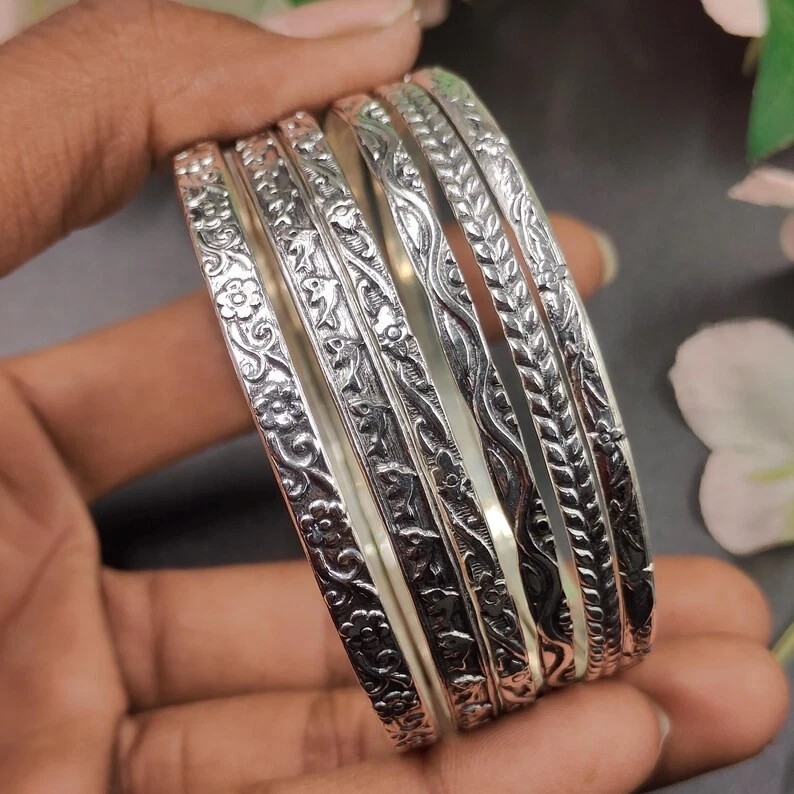 Hammered Set of 6 925 Sterling Silver Bangles for Stacking Lovely Bracelet RR11 - Image 2 of 4