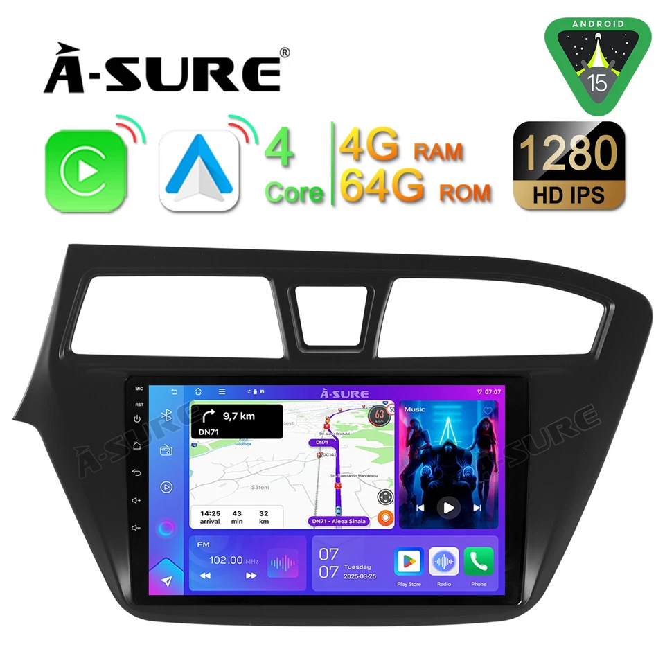 A-SURE 4G+64G Apple CarPlay Android 15 Autoradio GPS WIFI RDS Für Hyundai i20 2015-2018