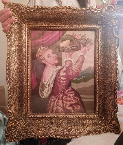 ANTIQUE FRAME, NEEDLEPOINT TAPESTRY