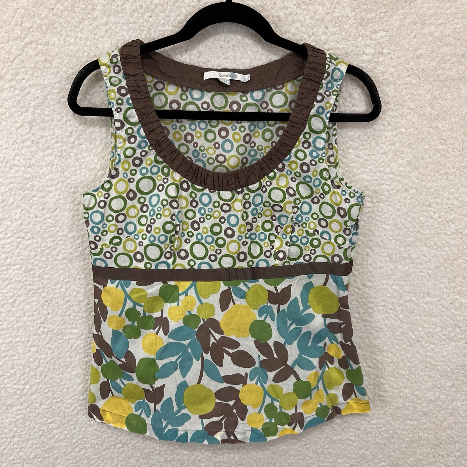 Boden Sleeveless Empire Cami Tank Top Women’s 8 Brown Green Floral Cotton