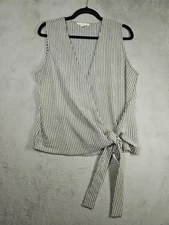 Grade & Gather Blouse Cream Black Stripe Slvless Front Wrap Tie Belt Top Sz L 