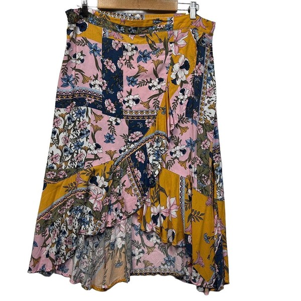 Katies Mustard Pink Floral Midi Skirt Size 14 Ruffle Faux Wrap Boho Viscose