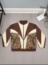 90s Vintage Lightweight Shell Jacket Brown Cream Graphic Print Zip-Up | Large