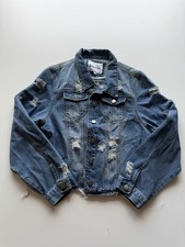 Between Us Denim Jean Jacket Cropped Trucker Size 2X Blue Wash Distressed