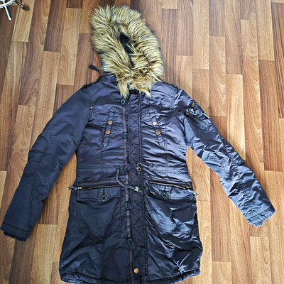 Khujo Damen Parka Mantel schwarz lang mit Kapuze Kunstfell Gr. L Winter