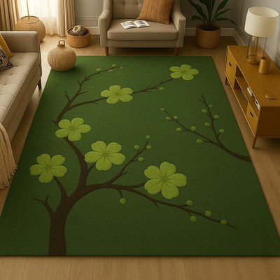 Grüner Botanischer Teppich mit floralen Zweigen Design - Handgefertigter Woll...