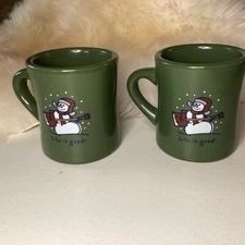 Lot Of 2 Green, Heavy *Life Is Good* Mugs. Coffee Tea Hot Chocolate Cups Snowman