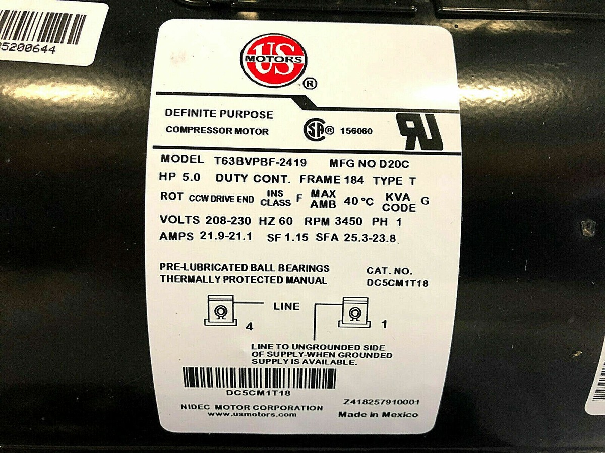 24469652 Air Compressor Motor 230V 3450 Rpm, 1 Phase, 5HP, 184 FR  