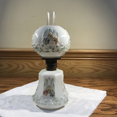 ATQ MILK GLASS EMBOSSED MINIATURE OIL LAMP  ''PANELED COSMOS'' SMITH 1 FIG 241