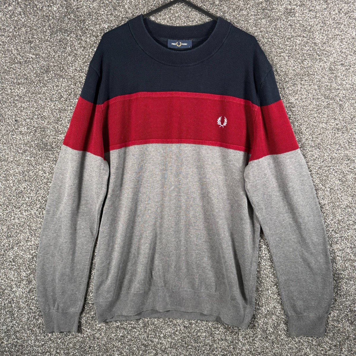 Fred Perry Jumper Mens Large Grey Red Colourblock Crew Neck Long 