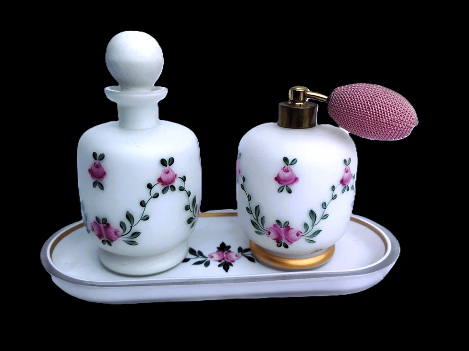 Flacon Zerstäuber Tablett Schminktisch Set Milchglas Rosen Art Deco De Vilbiss - Bild 1 von 4