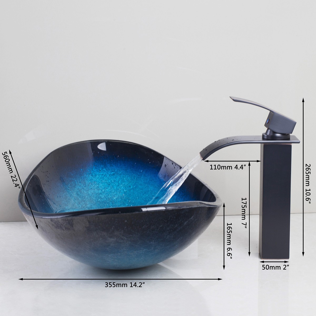 FA Blue Bathroom Oval Glass Vessel Sink Waterfall Chrome Mixer Tap Drain Combo