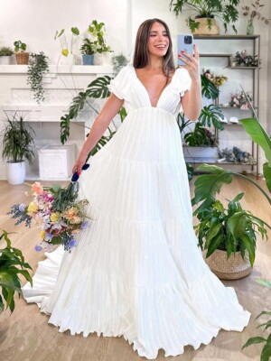 blue dress for baby girl A-line Chiffon V neck Long Sleeve Wedding Dress Rustic Boho Wedding Go –  SELINADRESS main image 0
