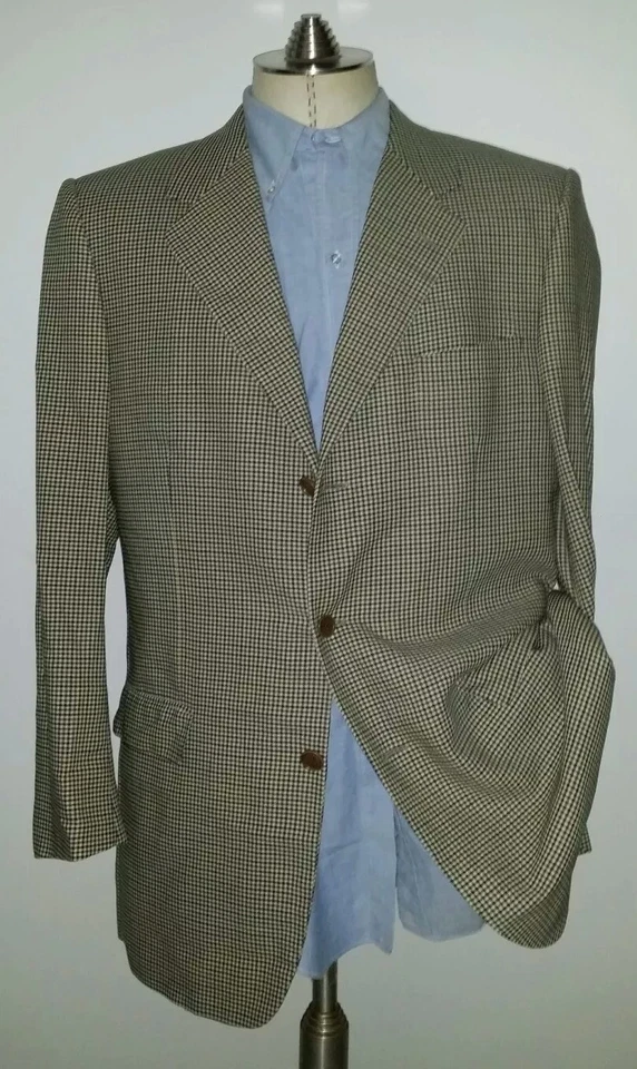 Vintage Oscar De La Renta 42L Blue Tan Gun Check Gingham Sport Coat Blazer ITALY - Image 4 of 4