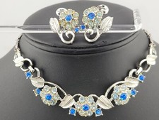 Vintage Pegasus Coro Signed Blue Rhinestone Flower Choker Necklace Earring Set