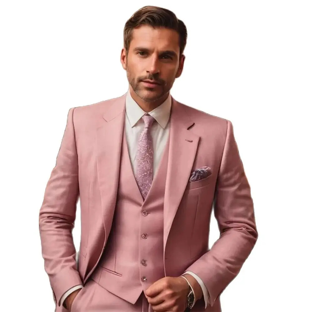 Pink Wedding Suits Men Lapel Full Set Piece Jacket Pants Vest